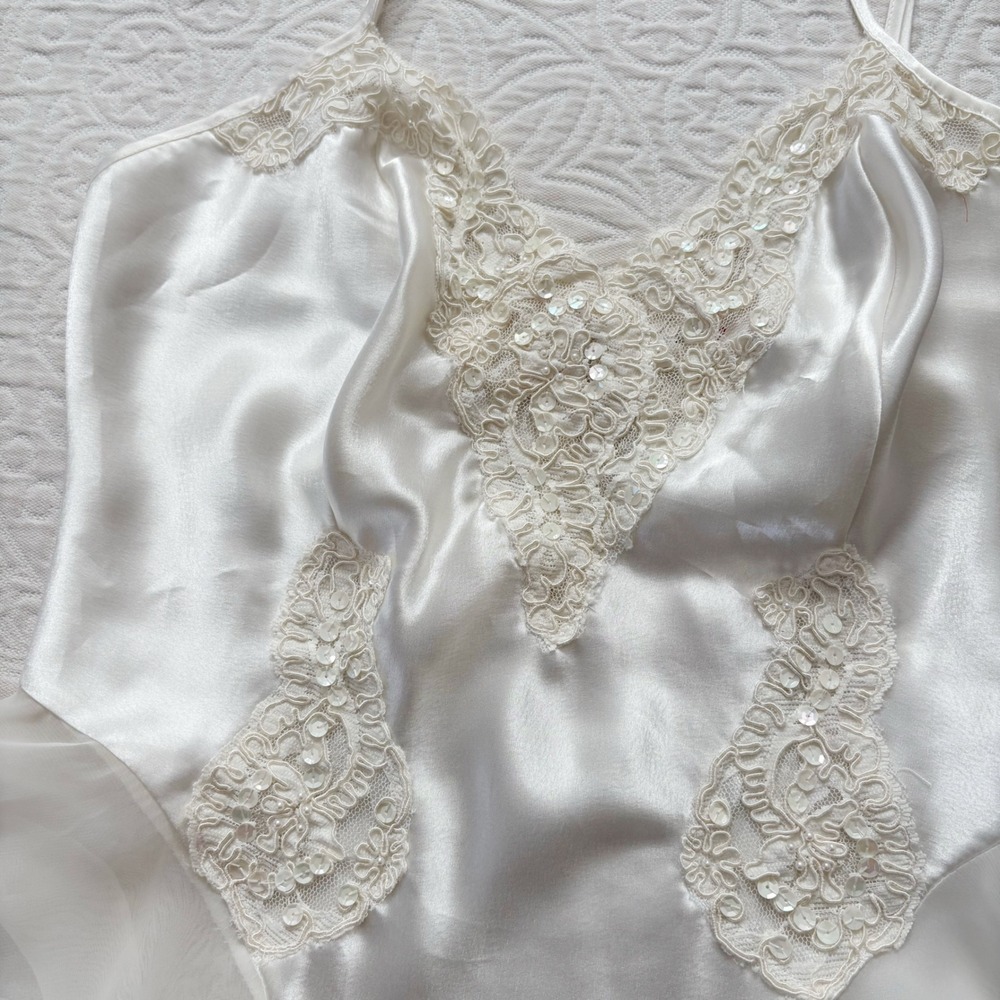 Victoria's Secret Vintage Sequin-Embellished Satin Teddy Bodysuit, Ivory White - Picture 3 of 5